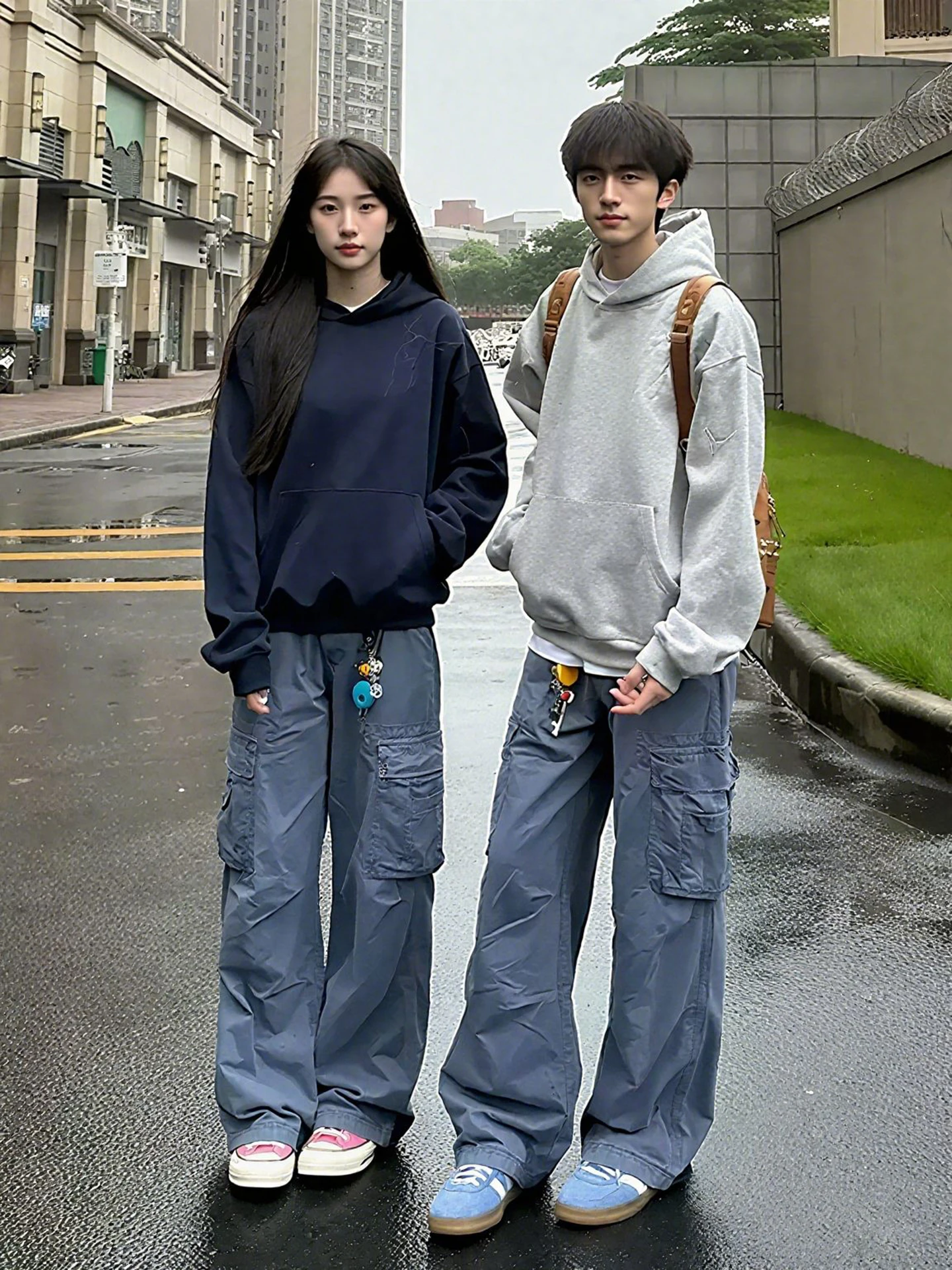 

Retro American Blue Work Pants Men's High Waist Wide Leg Pants with Big kets Couple Sle Autumn Season Straight Leg Trousers