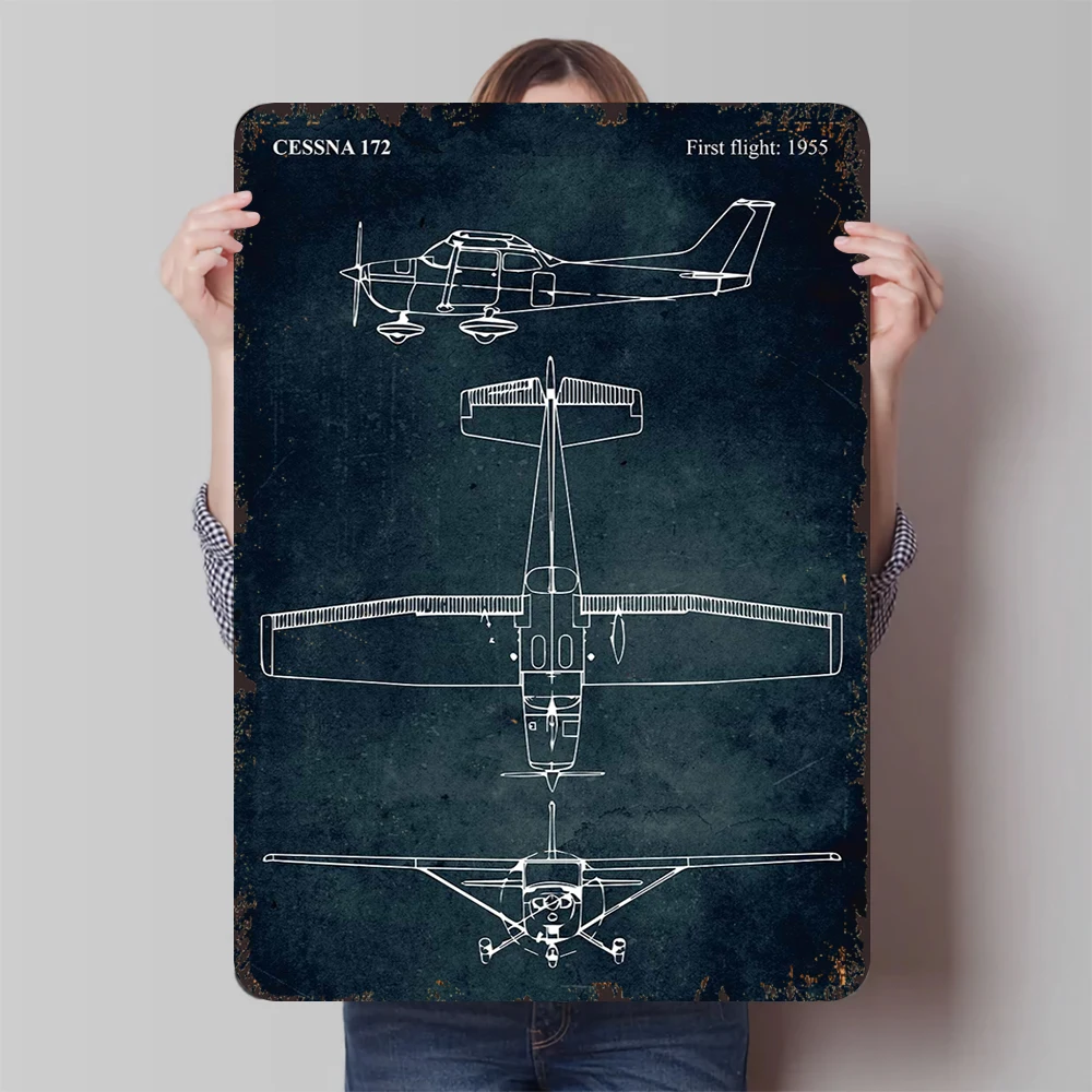 Cessna 172 Aircraft Blueprint Metal Wall Art Vintage Aviation Decor First Flight 1955