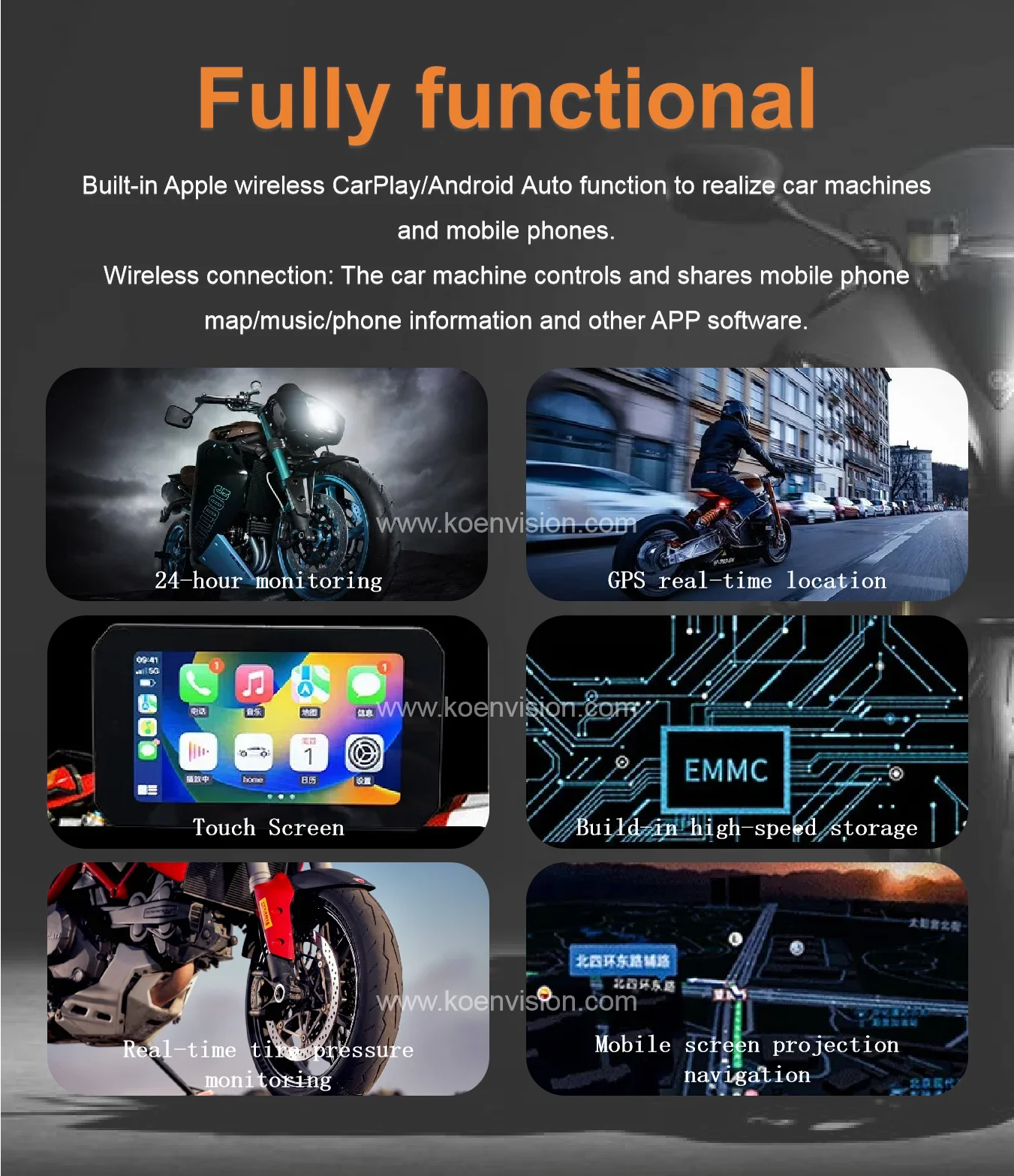 Motorcycle GPS Tire Pressure Detection Video Recorder 5 Inch Waterproof Touch Screen CarPlay Android Auto Monitor With 2K Camera