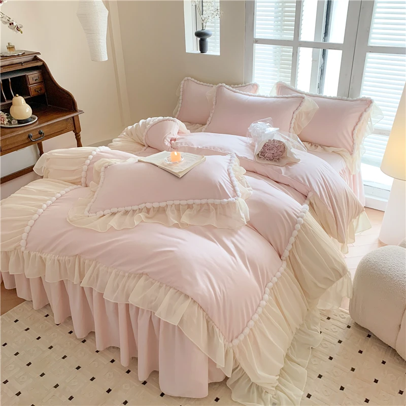 4pcs Korean Princess Style 2025 New Cotton 100% Bedding Set Lace Duvet Cover 200x230 Bedspread & Pillowcase Four Seasons