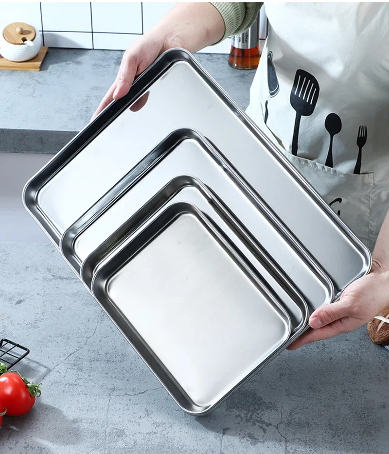 Rectangular Thicken Steaming Plates Stainless Steel Cake Bread Pan Food Vegetables Storage Drain Tray Kitchen Baking Accessories