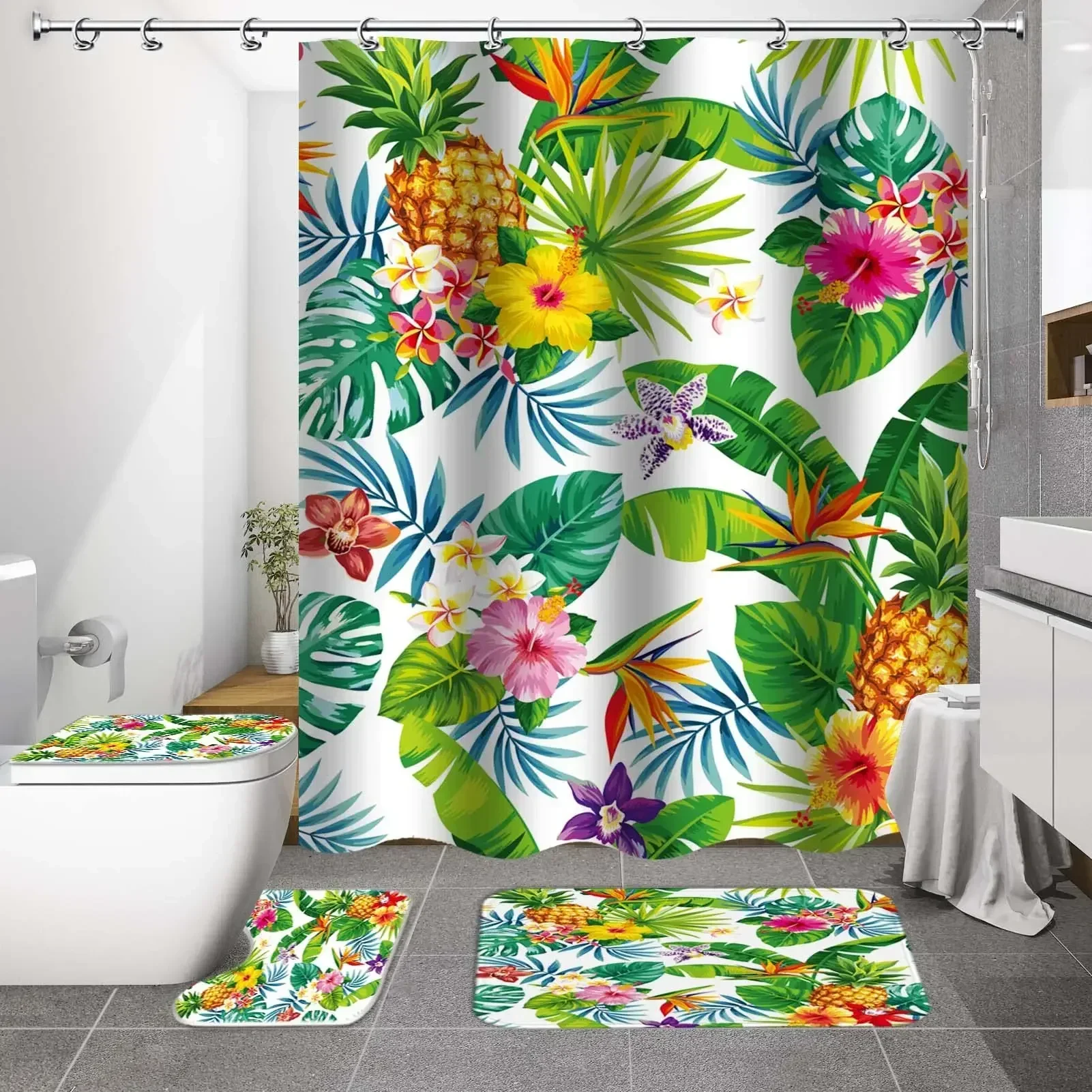 Elegant Leaves Big Flowers Print Shower Curtain with Hooks High Quality Waterproof Bathroom  Bath Mat Set Home Decoration