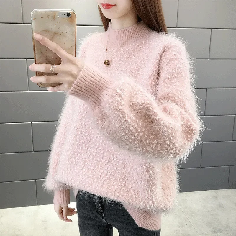 

Half high neck sweater Women's Autumn Winter 2025 Thicken Loose New Imitation mink fur versatile Short Warm Pullover Sweaters