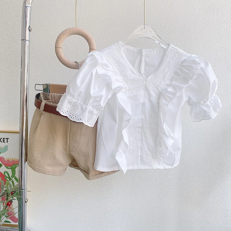 

Girls' Summer Suit2025Baby Girl WhitevCollar Lace Shirt+Casual Overalls Pants Two-Piece Belt Delivery