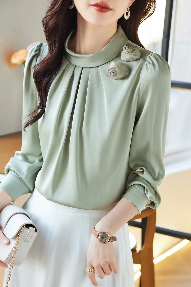 Chemisiers Vintage pour femmes, couleur unie, chemises décontractées, mode ample, vêtements coréens d'été, manches longues, col rond, hauts en mousseline de soie pour femmes