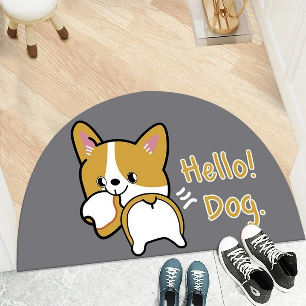 Alfombra de entrada y felpudo semicircular con diseño de Corgi lindo y eslogan de Hello, con fondo gris, estilo de dibujos animados para el hogar