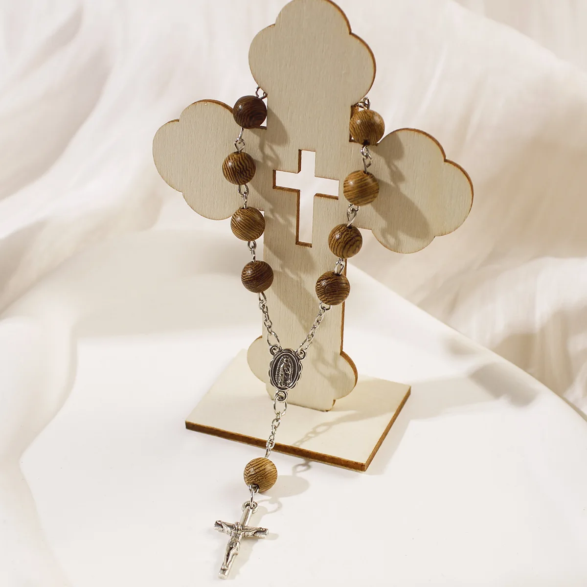 Classic Chicken Wing Wood Virgin Mary Jesus Wood Bead Prayer Bracelet Men and Women Cross Pendant Beaded Gift Dropshipping