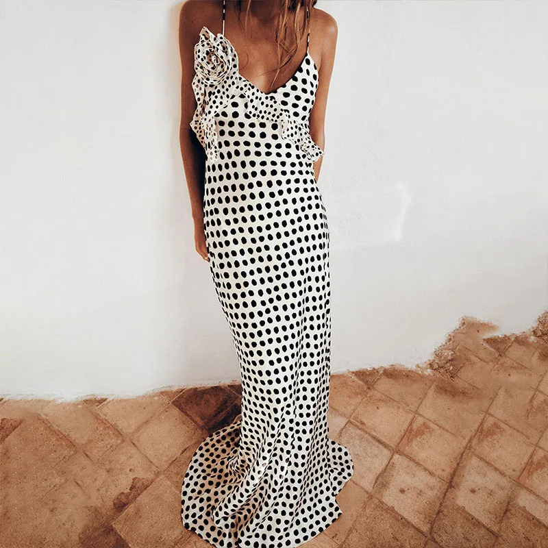 

Female V-Neck Ruffle Spaghetti Strap Cocktail Dress Elegant Banquet Long Dresses Summer Polka Dot Flower Slim Club Party Dress