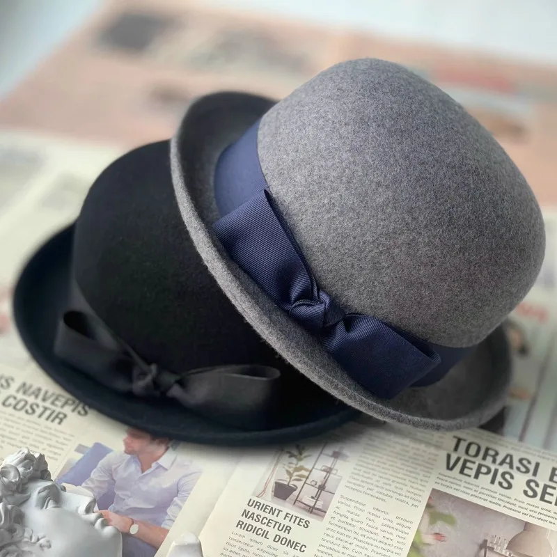 Autumn and winter new camel wool rolled small top hat female bow sweet lovely multi-color match