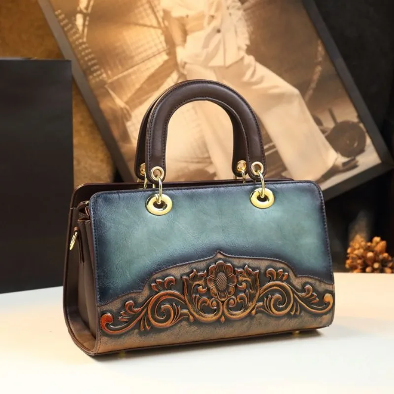حقيبة كتف نسائية كلاسيكية من العلامة التجارية المصممة يدويًا من الجلد ذات سعة كبيرة منقوشة للنساء