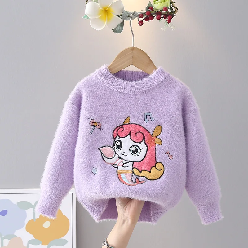 

Fall Winter Children Clothing Girls Fashion Thickened Knitted Pullover Sweater for kids Girl Cartoon Mermaid Colored Top IY11172