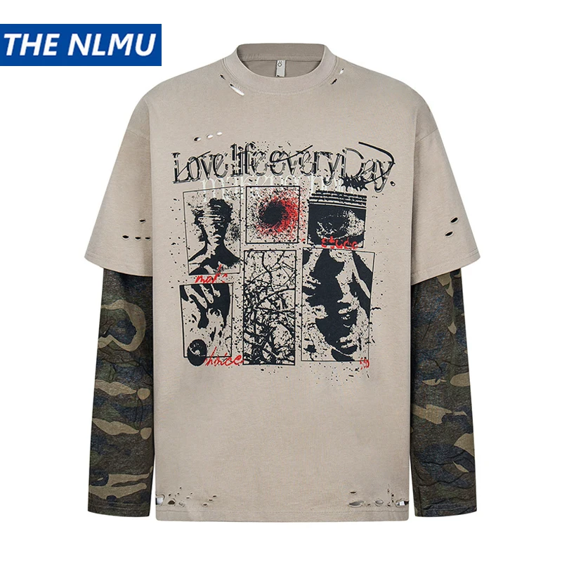 

Vintage Long Sleeve T-Shirt Y2K Letter Graffiti Printed Fake two Pieces T Shirts Unisex Streetwear Men Punk Gothic Tops