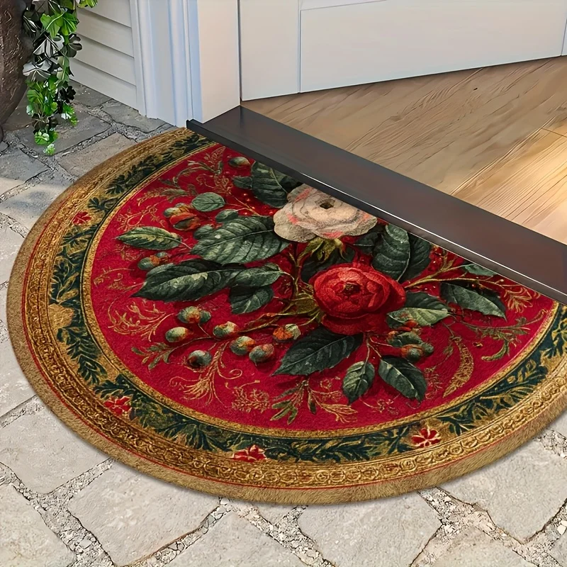 Green Background White Chrysanthemum Brown Rabbit Vintage Pastoral Doormat For Artistic Home Entrance Traditional Blessing