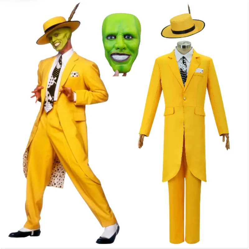 

Movie Jim Carrey Cosplay Costume Mask Role Playing Yellow Uniform Suit with Hat Green Mask Halloween Carnival Masquerade Dress