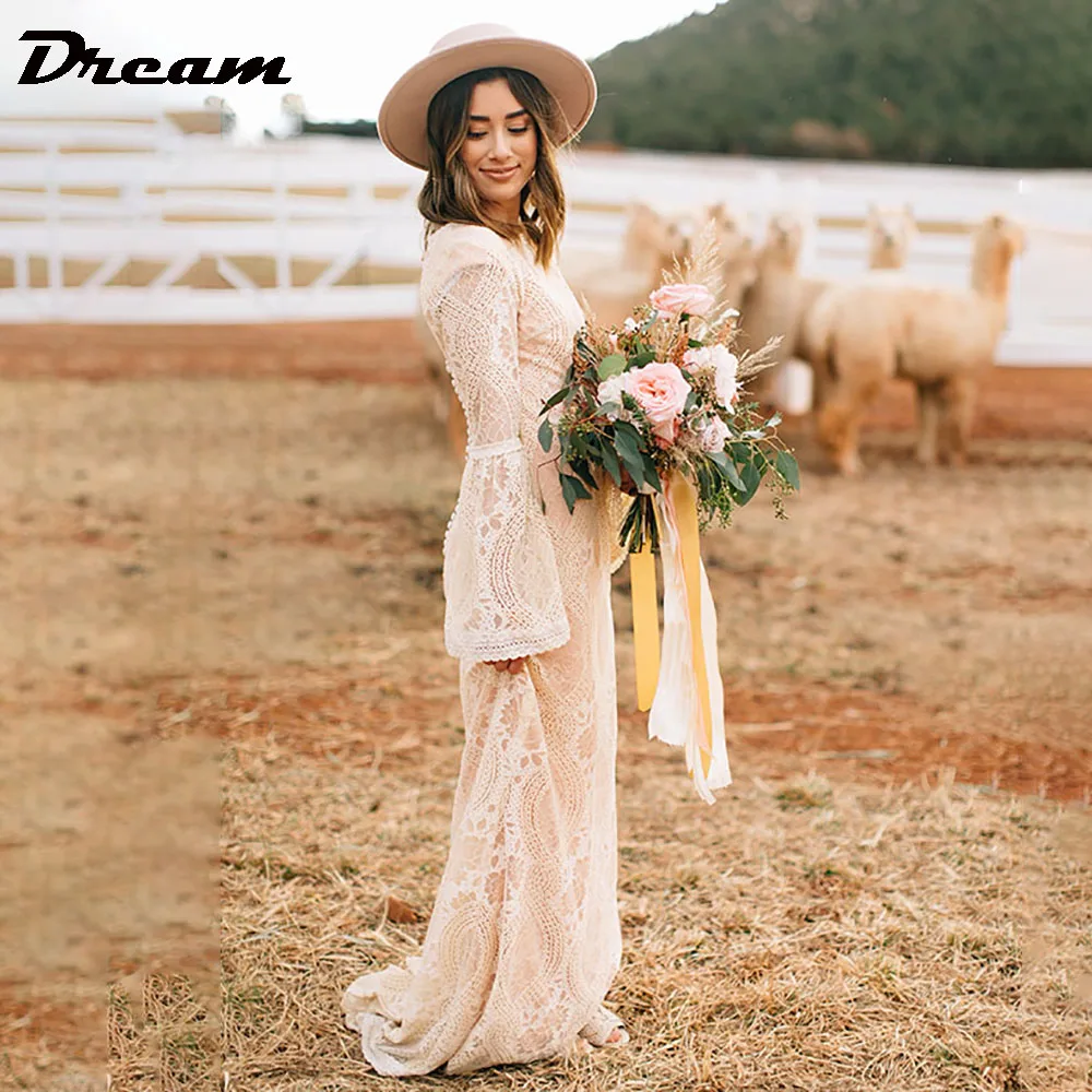 Dream personalizado mangas compridas alargamento trem varredura boho vestido de casamento o pescoço coluna renda forro rosa boêmio vestidos de noiva 2024