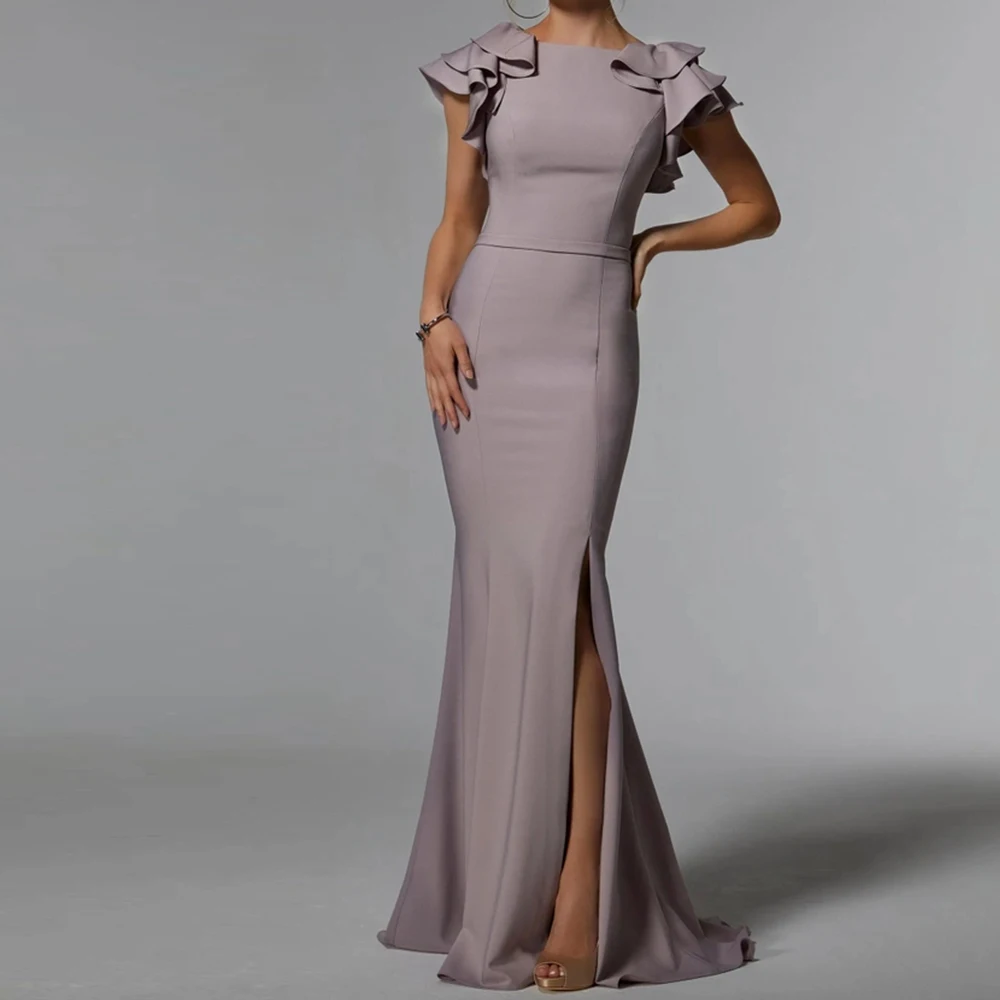 

Boat Neck Jersey Mermaid Backless Floor Length Tiered Zipper Back Sleeveless Solid Color Evening Dress Bespoke Occasion Gowns