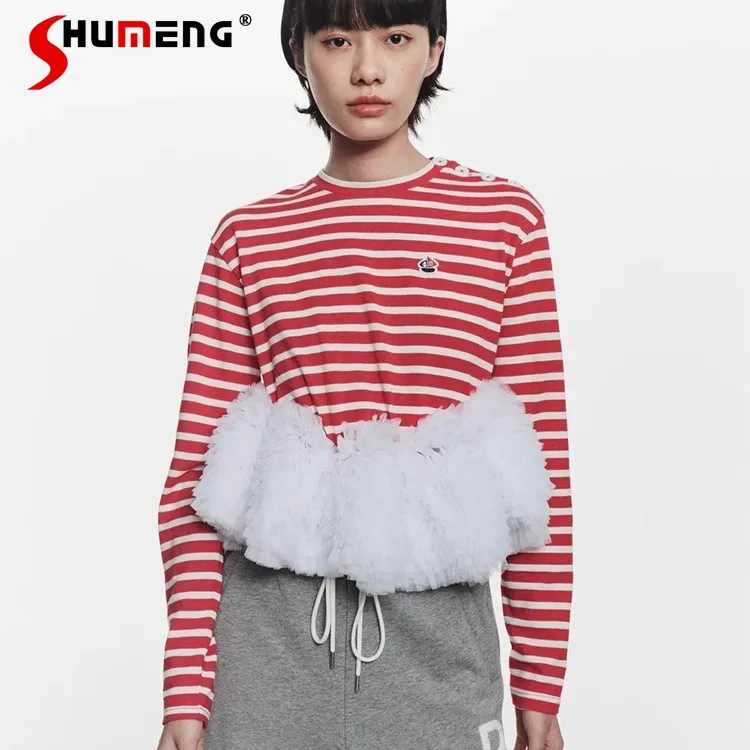 

Японская модная милая сетчатая лоскутная футболка с длинными рукавами, весна-осень, новинка 2025 года, женский свободный полосатый пуловер для девочек, топ