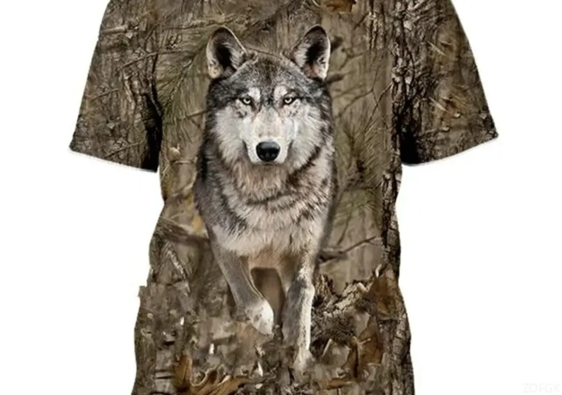 الذكور والإناث التمويه الصيد الحيوان ثلاثية الأبعاد تي شيرت مع الغزلان ، الخنزير البري ، الذئب نمط قصيرة الأكمام قميص