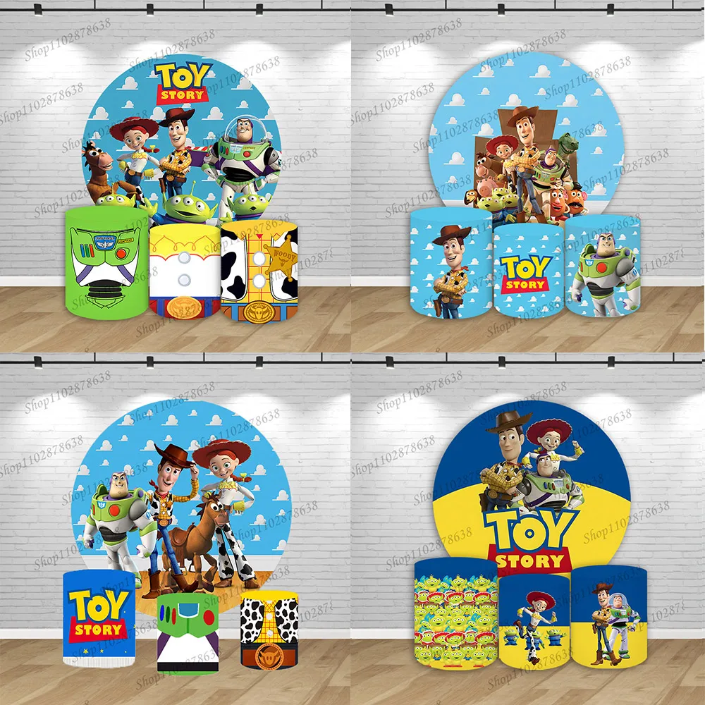 Housse ronde pour anniversaire Toy Story, toile de fond photo pour baby shower, housse cylindrique Woody Jessie Buzz Lightyear, accessoire de photocall