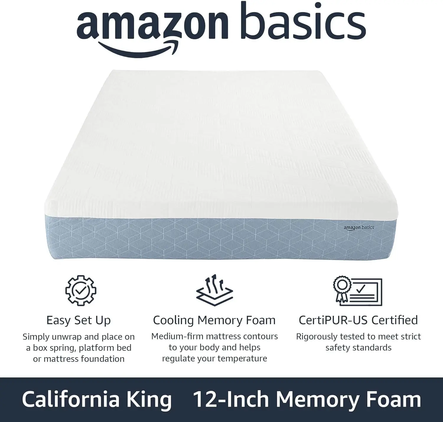 Basics Gel Memory Foam Mattress, Firm, Cooling, California King Mattress, CertiPUR-US Certified, 84 x 72 x 12 inches, White/Gray