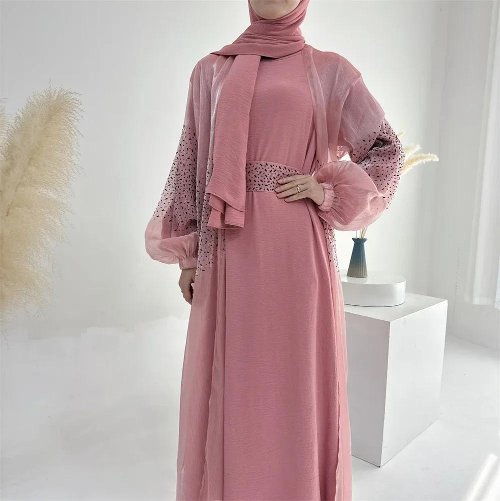 Moroccan Dubai Abaya Cardigan Loose Ramadan Muslim Femme Robe Solid Color Puffy Sleeves Arabic Dress for Women Evening Dresses