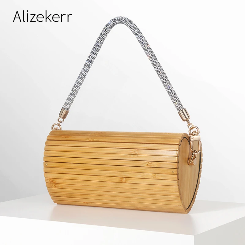 Alizekerr Heart Shaped Bamboo Beach Handbags Women Summer Rhinestone Handle Pearl Chain Straw Crossbody bags Bohemian Holiday