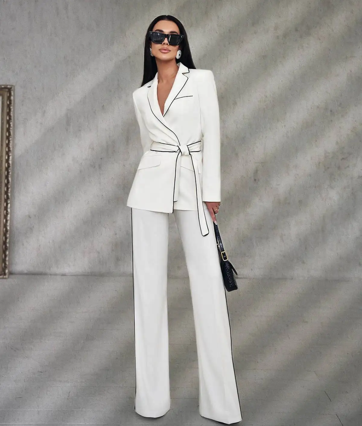 White Black Women Pants Suits Slim Fit Prom Evening Guest Formal Wear Custom Made 2 Pieces With Belt