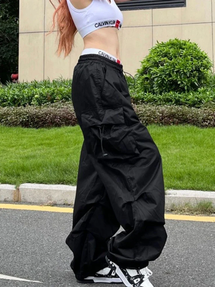 Women Casual Baggy Cargo Pants Solid Low Waist Joggers Tech Pants Drawstring Wide Leg Baggy Trousers Y2K Streetwear Sweatpants
