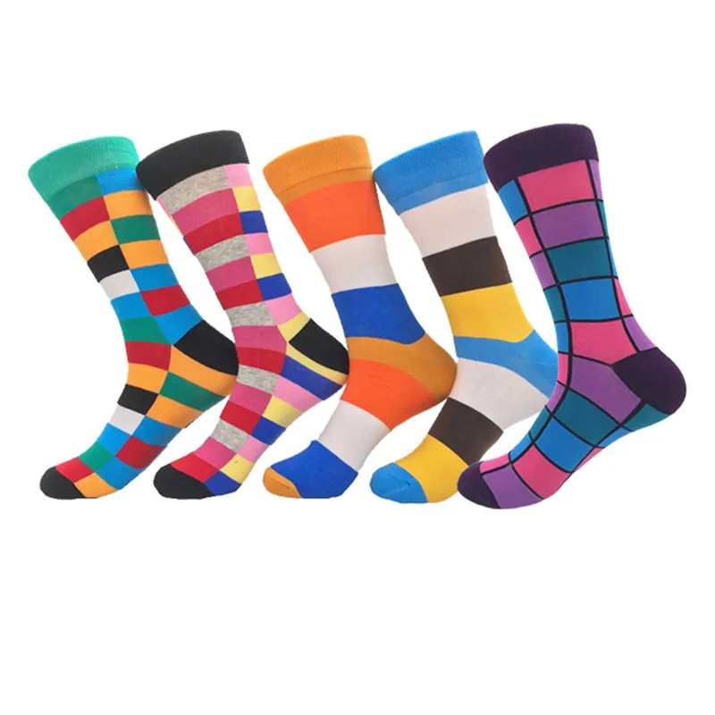 

2025Autumn Winter New Arrival Popular Colorful Men's Mid Calf Cotton Socks with Clash Grid Stripes Couples Socks