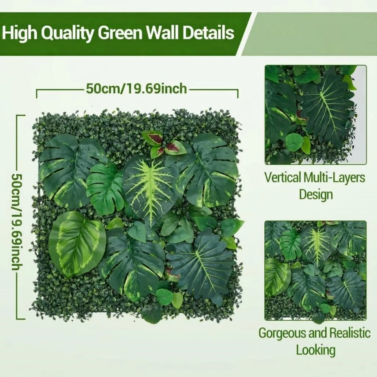 4/8/12 Pcs Artificial Green Wall Panels, 50x50 cm Mixed Faux Hedge with Monstera & Pilea Foliage, Fence Screen for Balcony Patio, Wedding Backdrop & Indoor Home Wall Decor