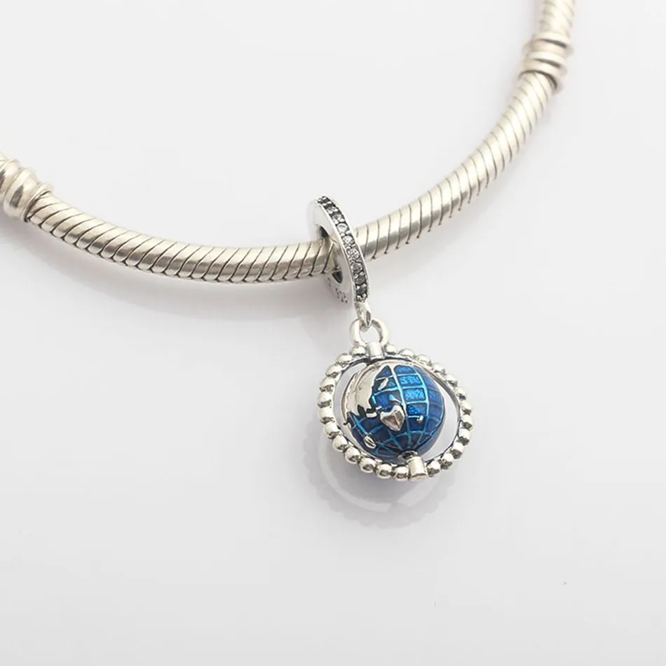 Authentic S925 Sterling Silver Enamel Spinning Globe With Crystal Dangle Charm Bead Fit Women Bracelet Bangle Jewelry