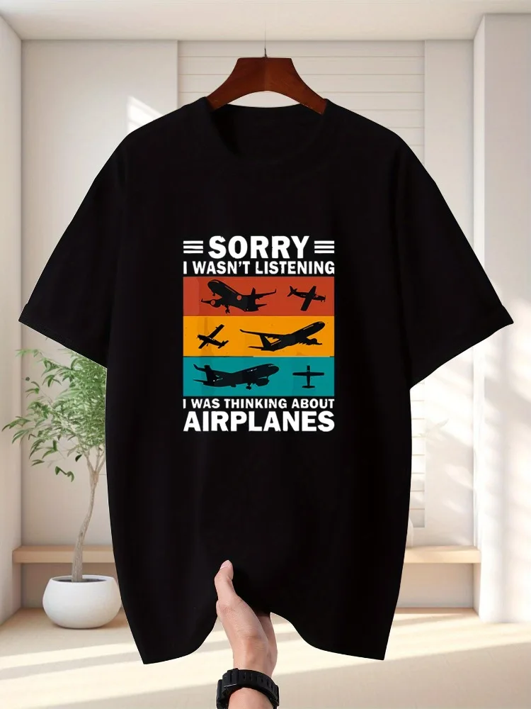 Men's Summer 100% Pure Cotton Fashionable Casual Loose Fun Aviation Pattern Printed Sports Round Neck Short Sleeved T-shirt Top