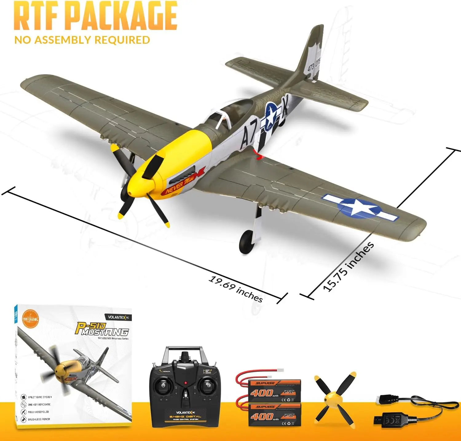 Brushless RC Plane, 4CH Remote Control Airplane for Adults | P51D Mustang RTF, 6-Axis Gyro, 3 Modes & Aerobatics, 2.4GHz Radio C