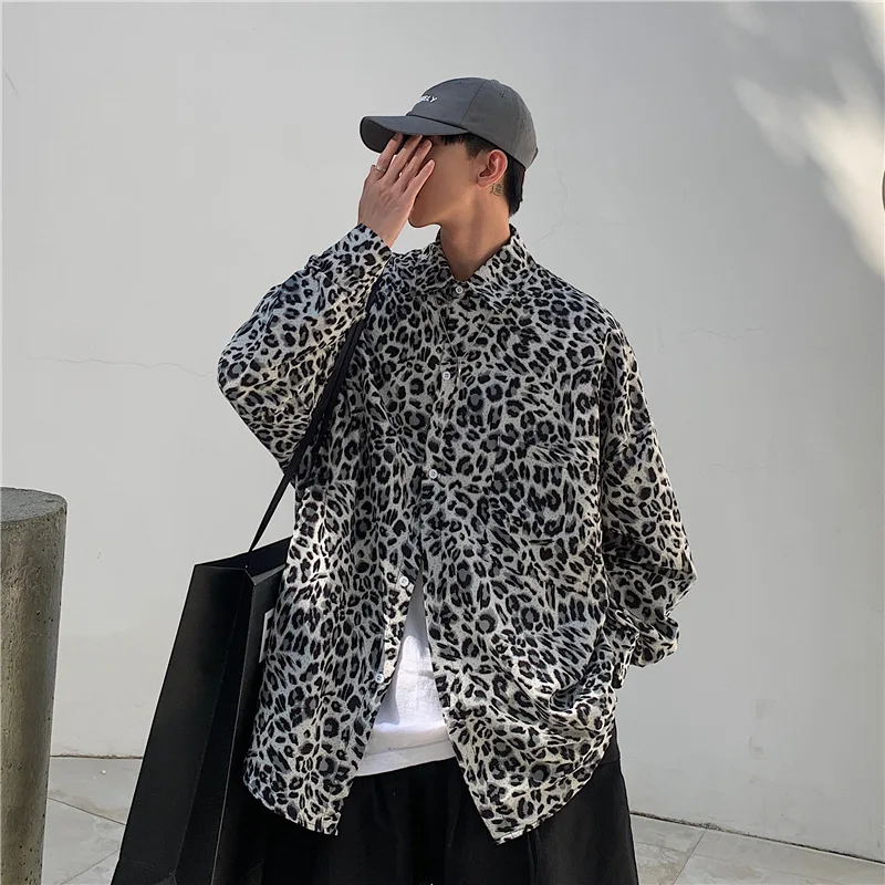 

Y2K Chic Kpop Ins Vibe Leopard Men Blouse Shirt Oversize M-XXL Handsome Party Night Club Hippie Gothic Streetwear Animal Pattern