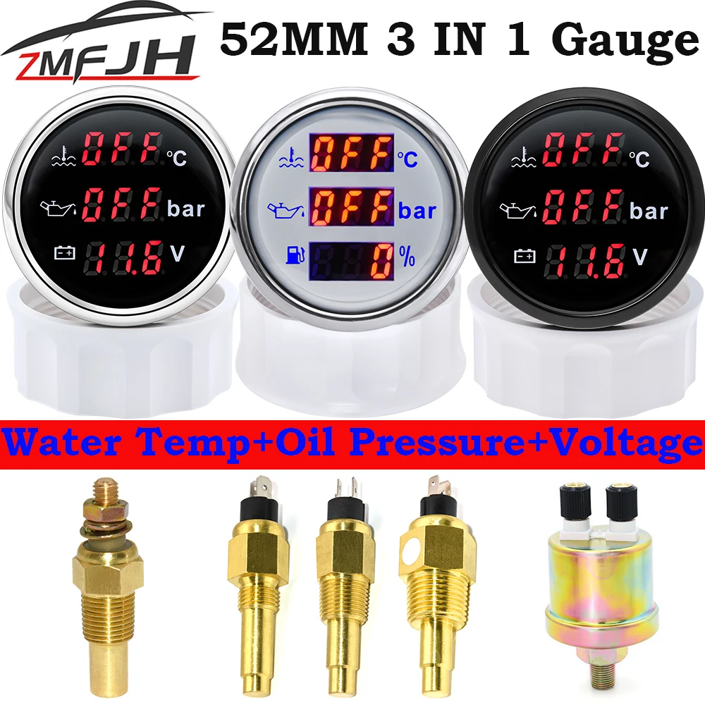 A 52mm Digital Gauge Water Temperature Gauge Oil Pressure Gauge Voltmeter With Alarm 3 IN 1 For Marine Boat Car 9-32V Red Light