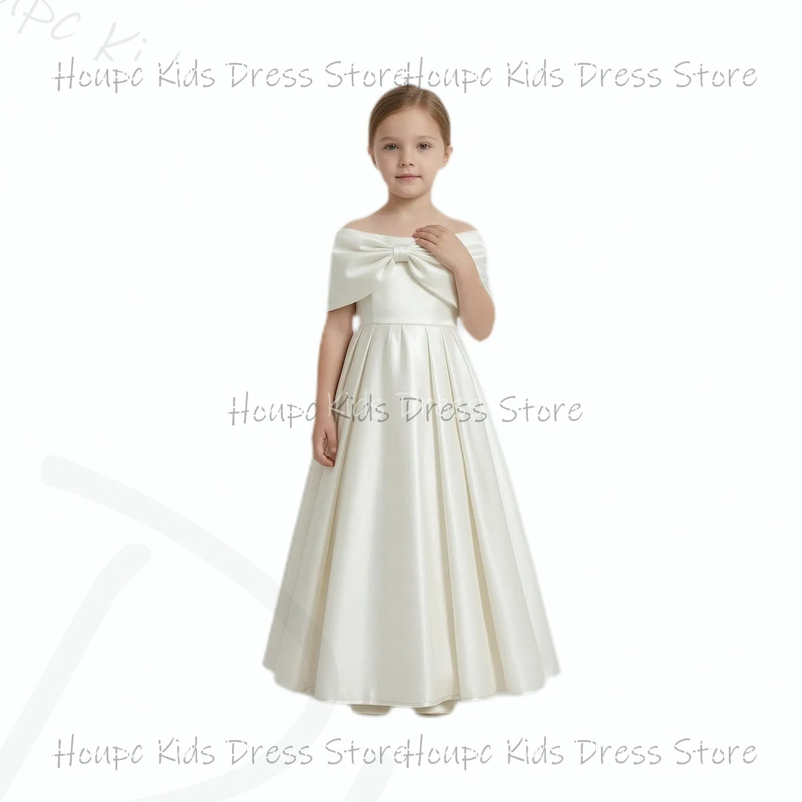 Off Shoulder Satin Bow Floor-Length Wedding Birthday Party Evening Party Custom Flower Girl Dresses Prom Dresses