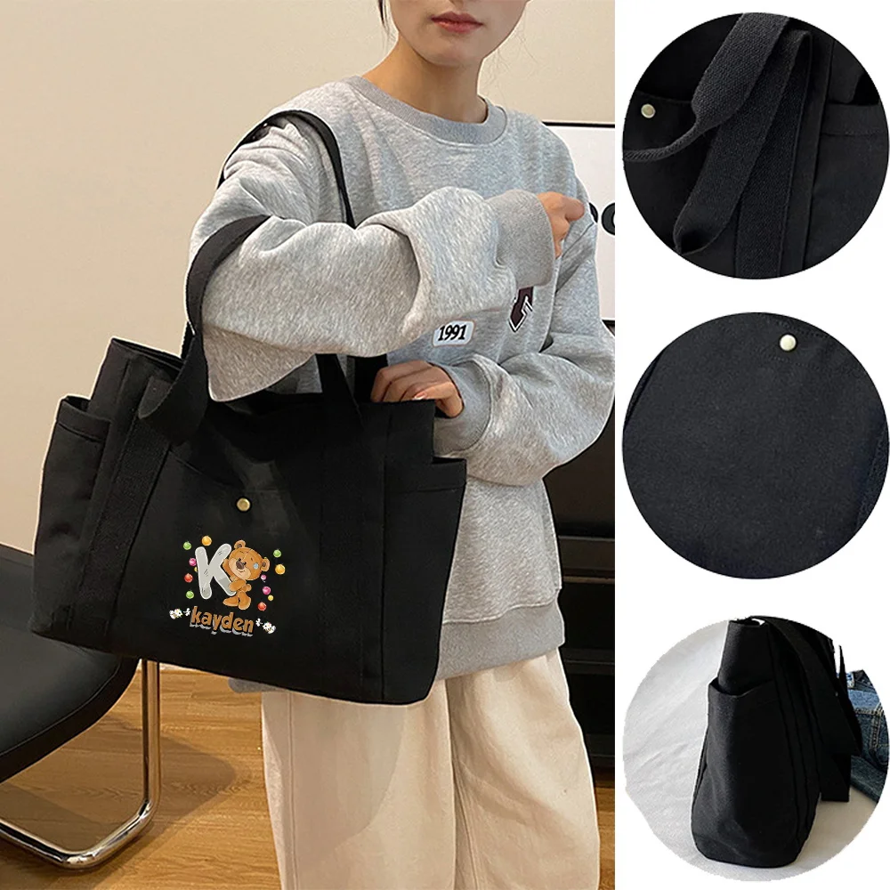 Personalized Customization Name Women's Canvas Shoulder Bag Fashionable Shopping Bag Commuting Storage Bag Cartoon Bear Pattern