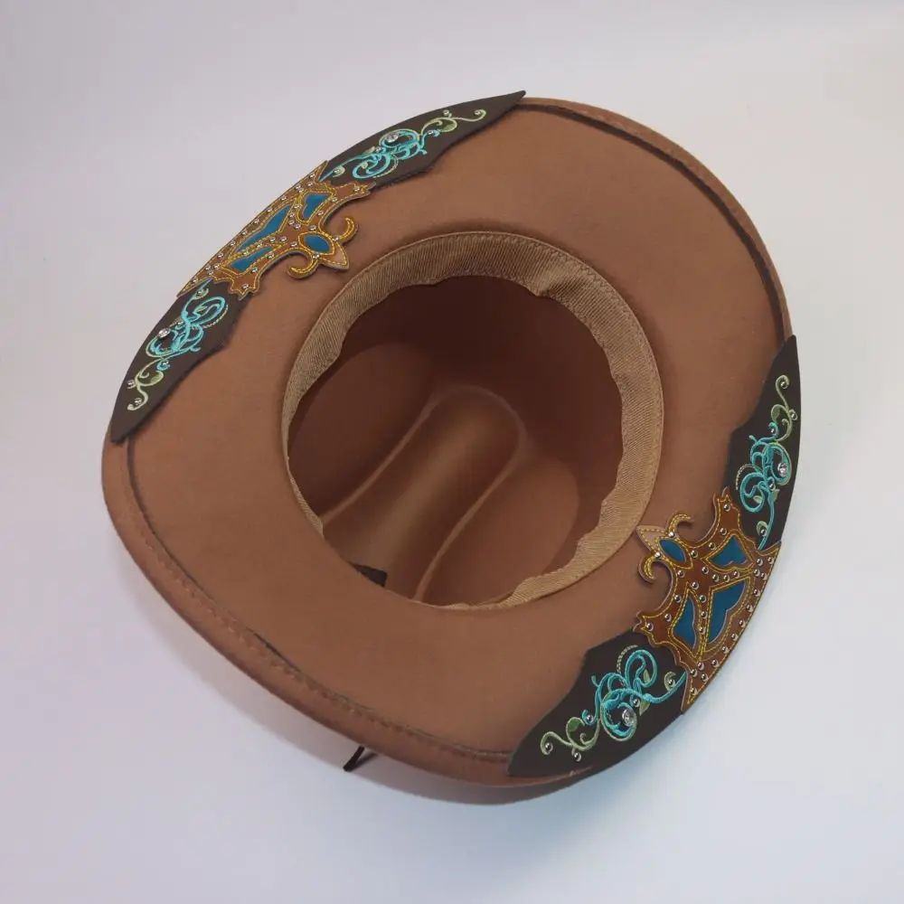 Dress Up Western Cowboy Hat Wide Brim Turquoise Decor Western Cowgirl Hat Embossed Print Ethnic Style Fedora Hat