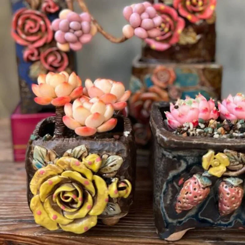 Coarse Pottery Relief Flower Pattern Fleshy Plant Pot Vase Bonsai Handmade Ceramic Crafts Home Garden Decor
