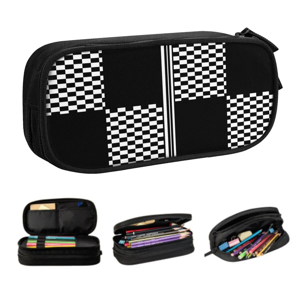 Custom Geometric Stylish Black And White Check And Stripes Pencil Case for Large Capacity Abstract Scandi Pencil Box Stationery