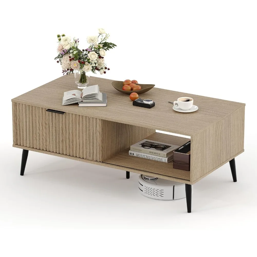 

Современный двухуровневый деревянный журнальный столик середины века с раздвижной дверью для хранения и прочными ножками