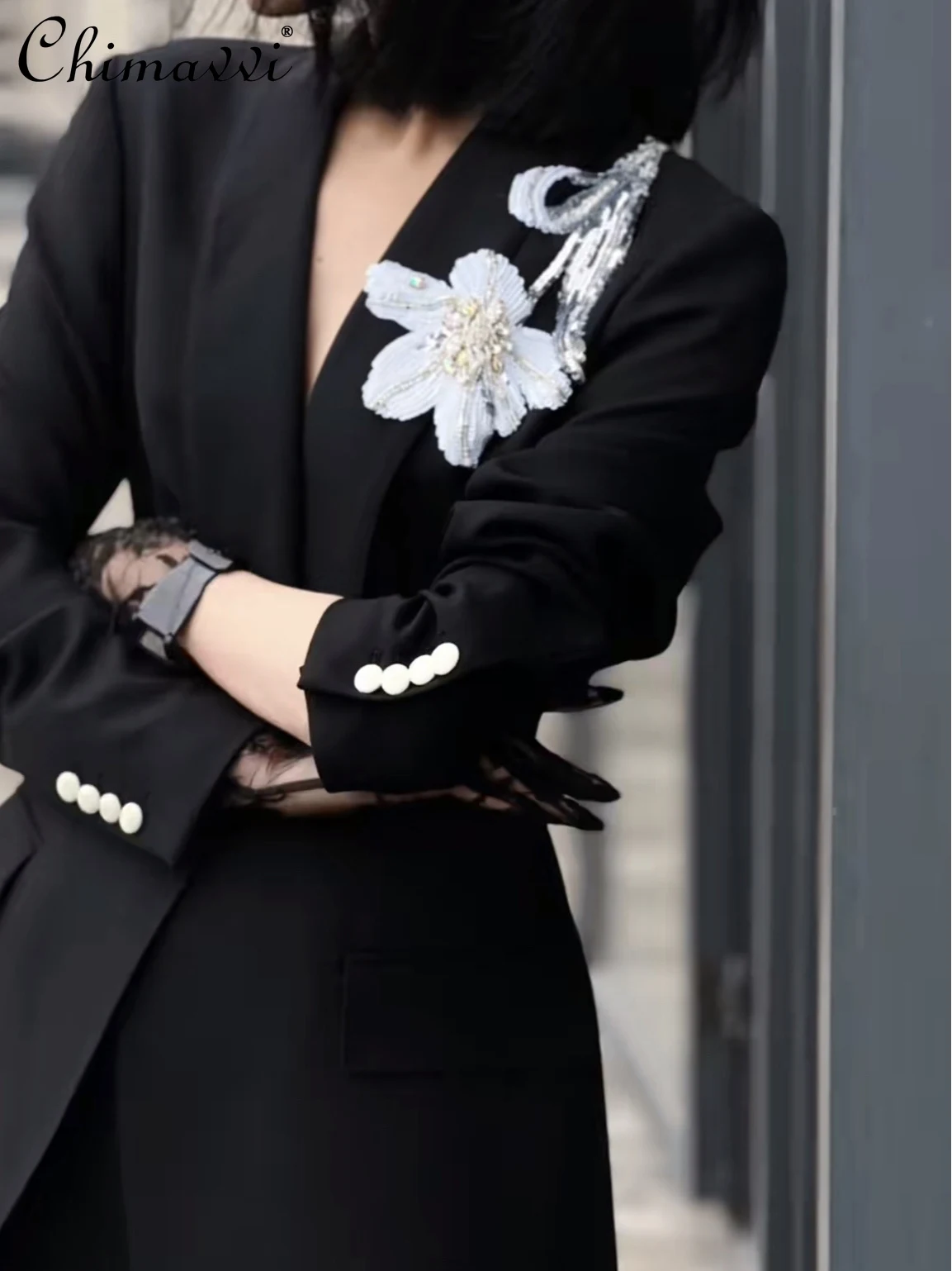 

High-End Women's Business Outfits Autumn New Fashion Black Shoulder Spike Flower Slim Suit Jacket Bootcut Trousers OL Two-Piece