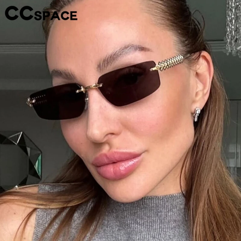 نظارات شمسية بدون إطار بمسامير مربعة للنساء، نظارات شمسية عصرية بإطار معدني مستطيل الشكل ذات ملمس متقدم