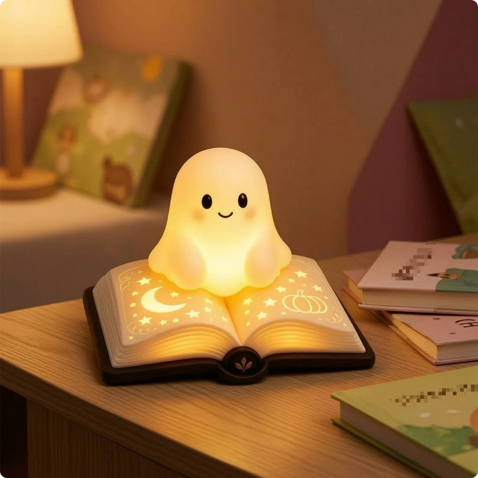Ghost Lamp with Book Base Cozy Ghost Night Light Book Lamp Illuminated Compact for Readers, Halloween, Bedroom