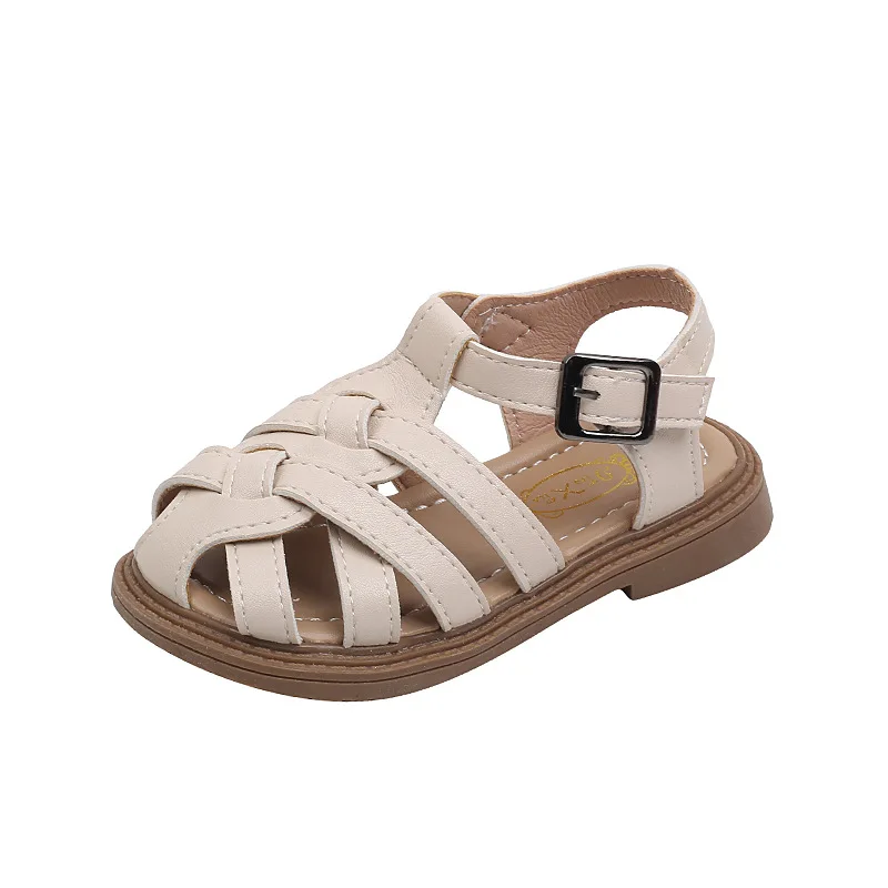 

2024 Summer New Girls Sandals Princess Fashion Woven Hollow Breathable Shoes Baby Anti-kick Soft Leather Sandals