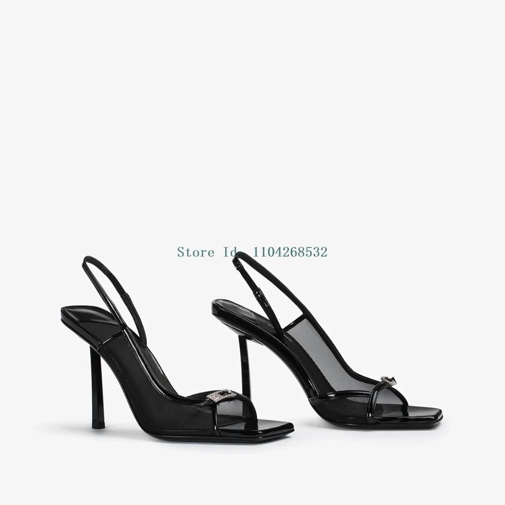 

Red Crystal Transparent Mesh Sandals Sexy Square Toe Thin Heel Slip On Mixed Colors New Arrivlas Fashion Women Modern Shoes