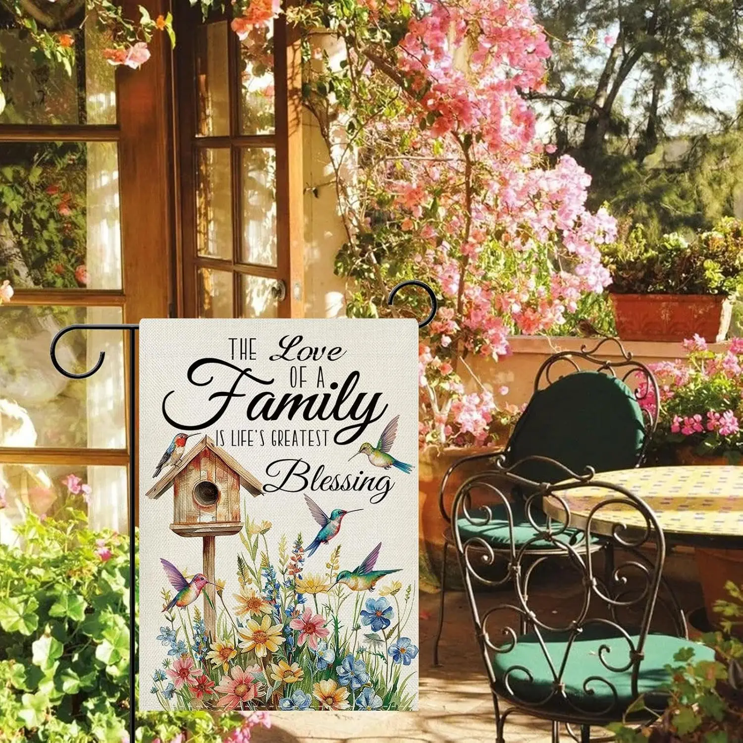 Dyrenson Spring The Love of a Family Decorative Garden Flag, Hummingbird Floral Birdhouse Farmhouse Yard Outside Home Decora AAS