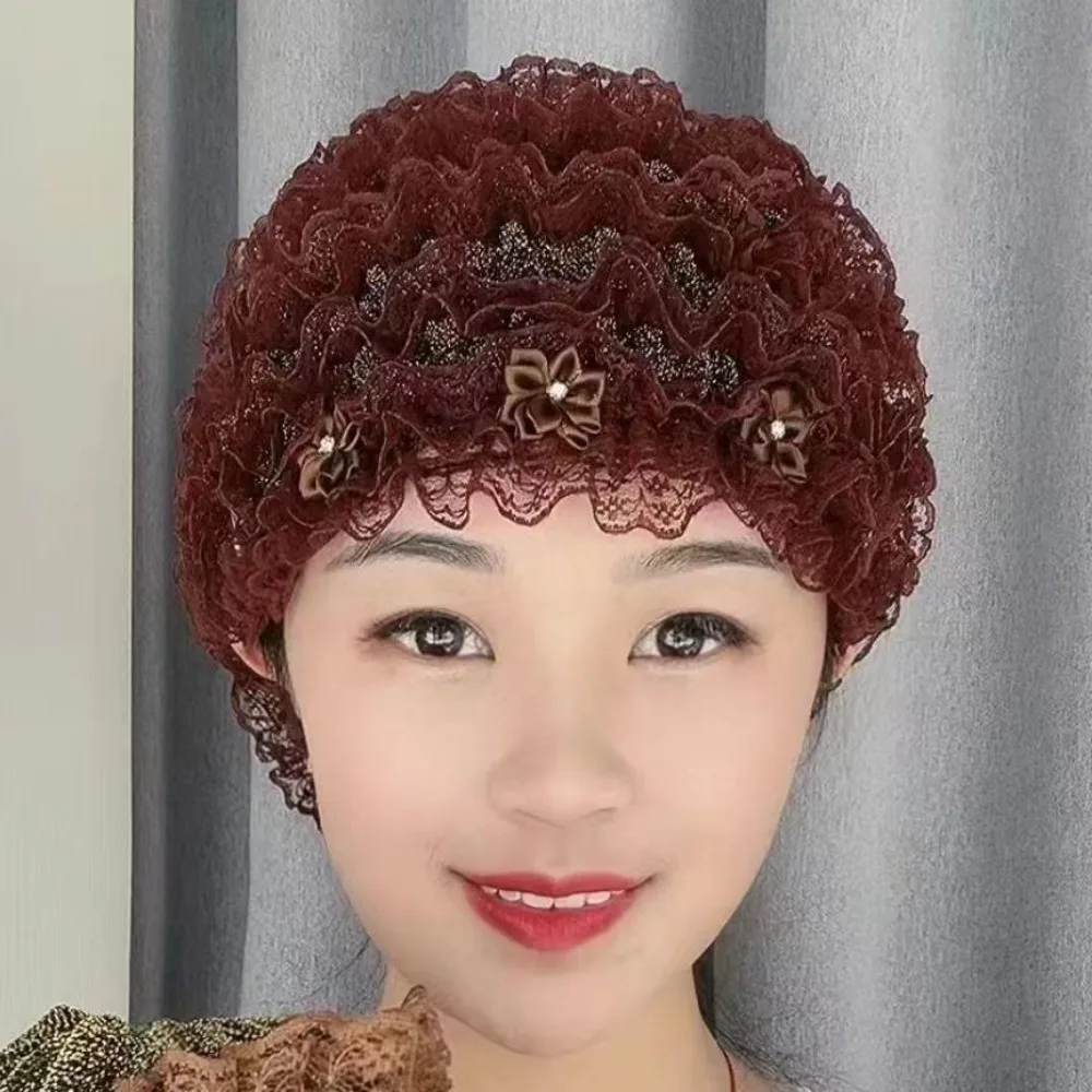 Fashion Lace Mesh Turban Acrylic Fibers Without Eaves Muslim Flower Wrap Bonnet Hats