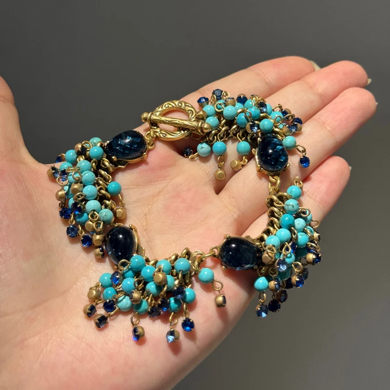 

Vintage Turquoise Handmade Bracelet Beads For Women Gold Color Blue L Crystal Uxury Dubai Brand Jewelry Bohemia Prom Summer