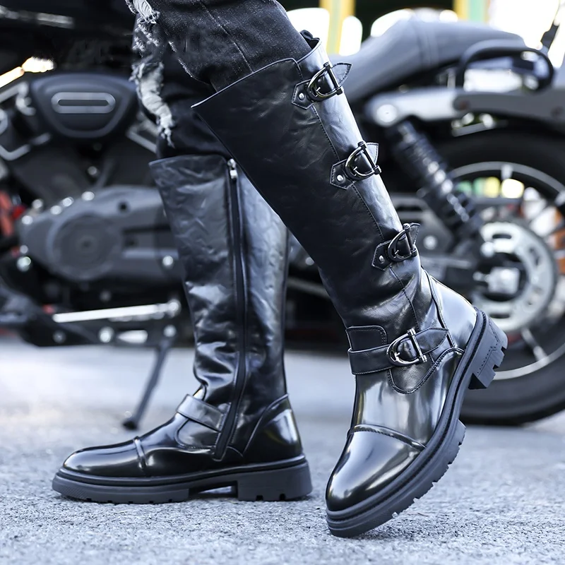 men's fashion punk gothic high motorcycle boots black designer shoes cowboy natural leather boot handsome long knight botas male